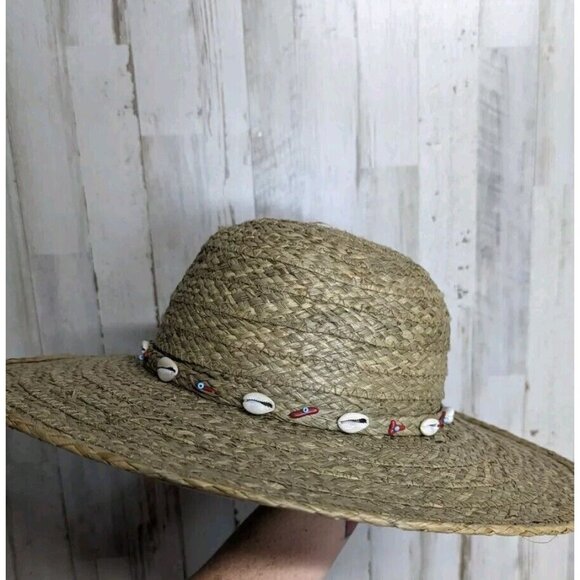 SCALA Womens Wide Brim Straw Sun Hat Beaded Shells One Size Boho Beach - Picture 5 of 10